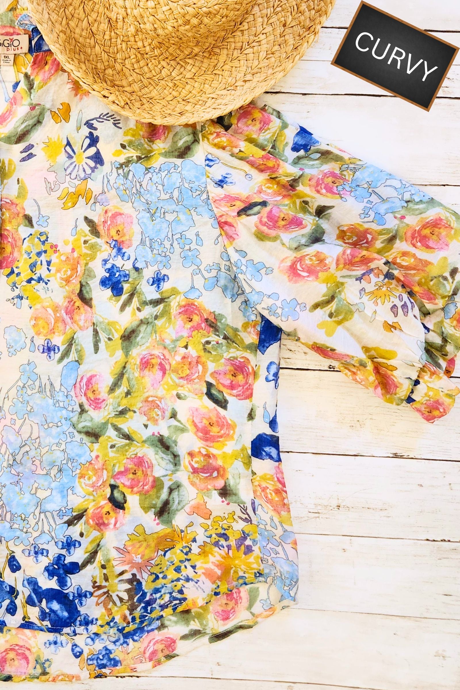 CURVY Watercolor Floral Mandarin Collar Top