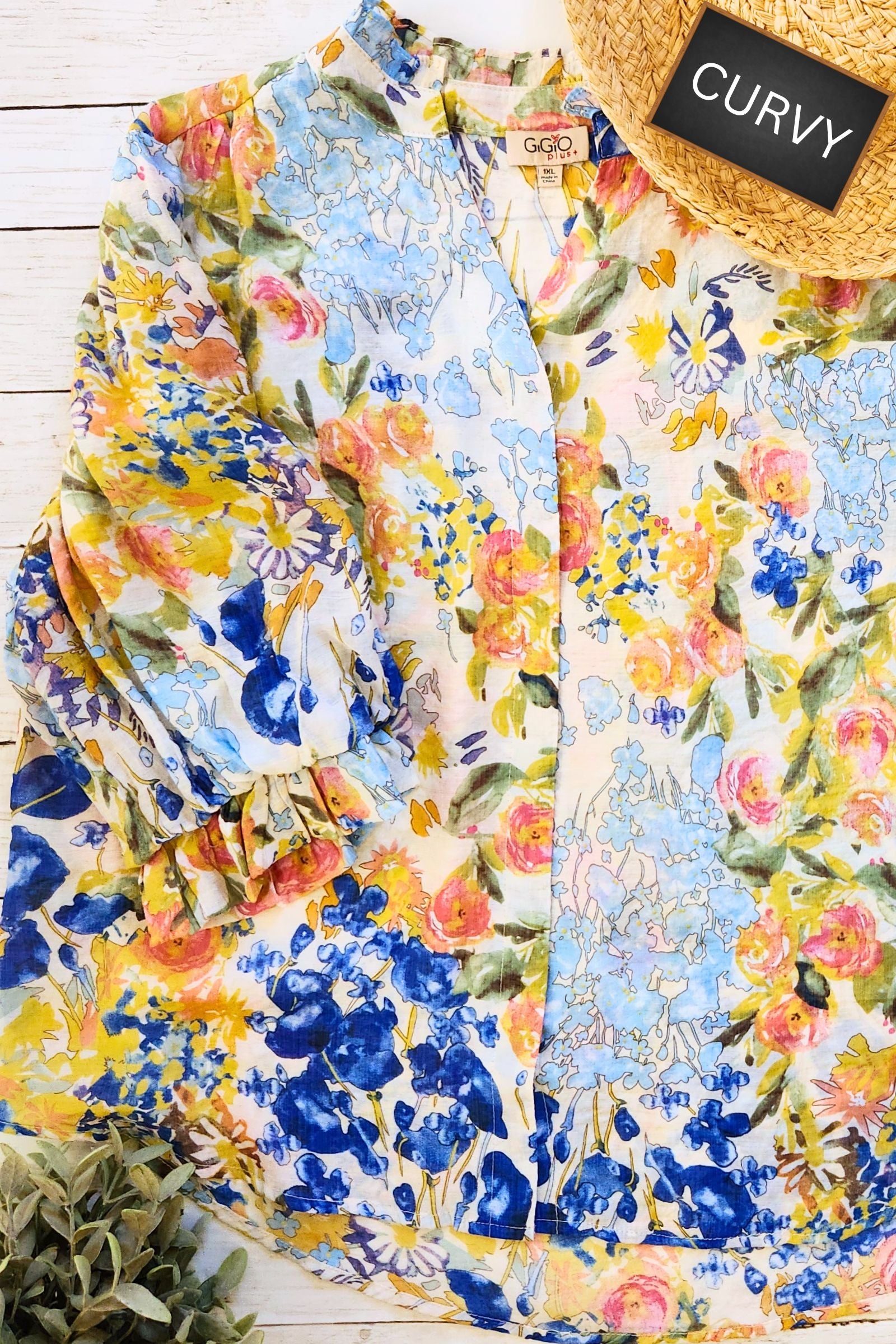 CURVY Watercolor Floral Mandarin Collar Top