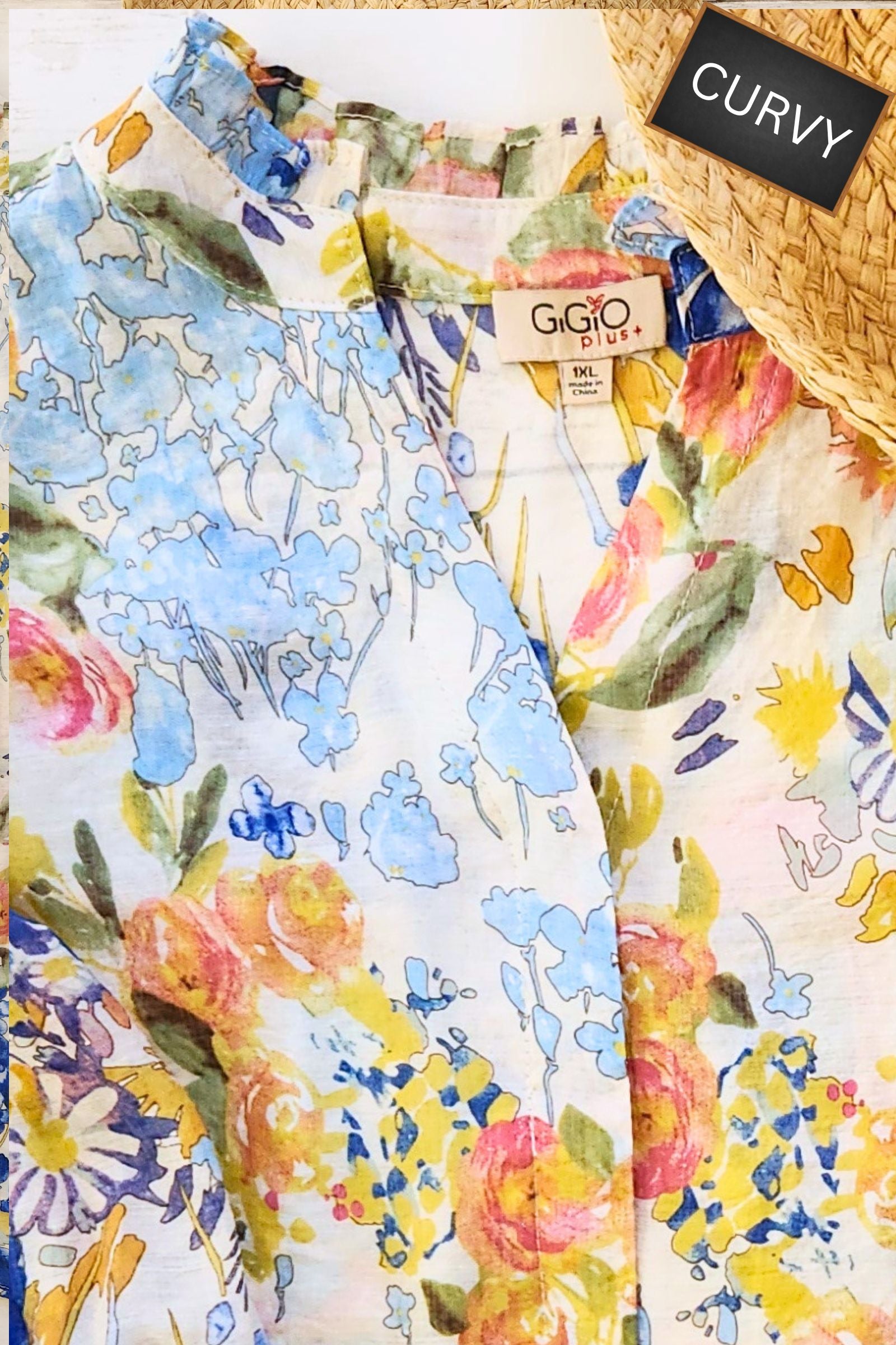 CURVY Watercolor Floral Mandarin Collar Top