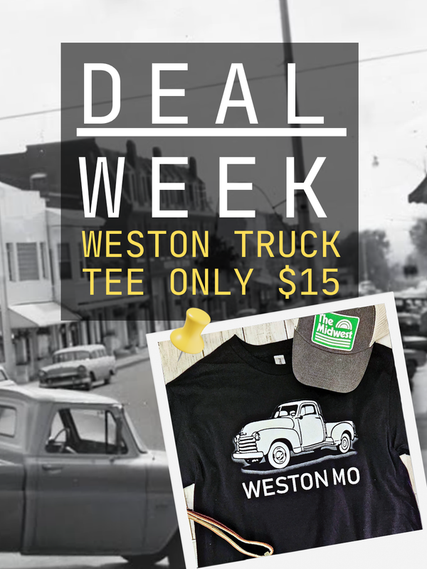 Promotional graphic for a Weston truck tee with a vintage truck design, set against a blurred street scene.