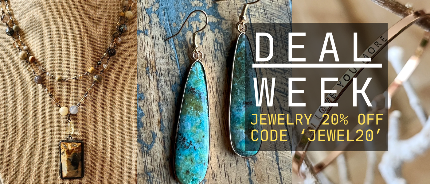 Jewelry on display with a 'Deal Week' jewelry sale banner.