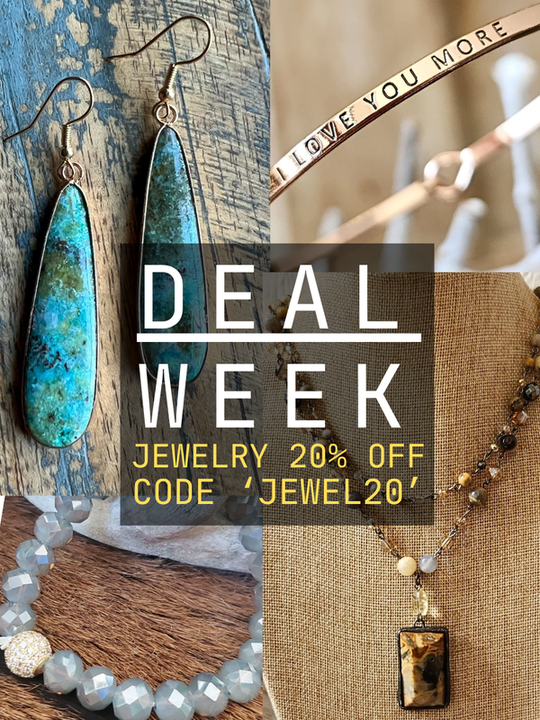 Jewelry collage with earrings and necklaces, featuring a 'Deal Week' jewelry discount offer.
