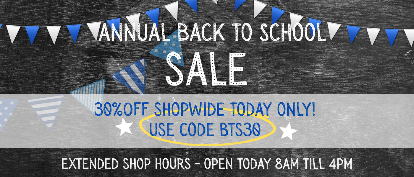 Promotional sale banner for a Back to School sale with blue and white pennant bunting, chalkboard-style background, and text offering 30% off shopwide with code BTS30.