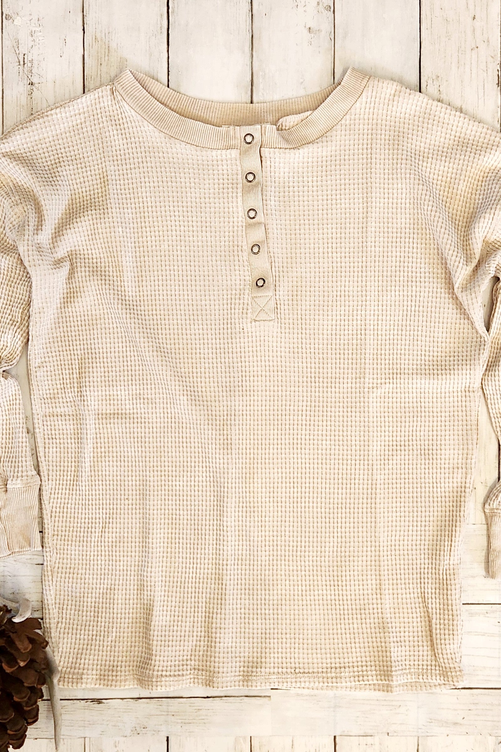 Beige Washed Waffle Henley Top