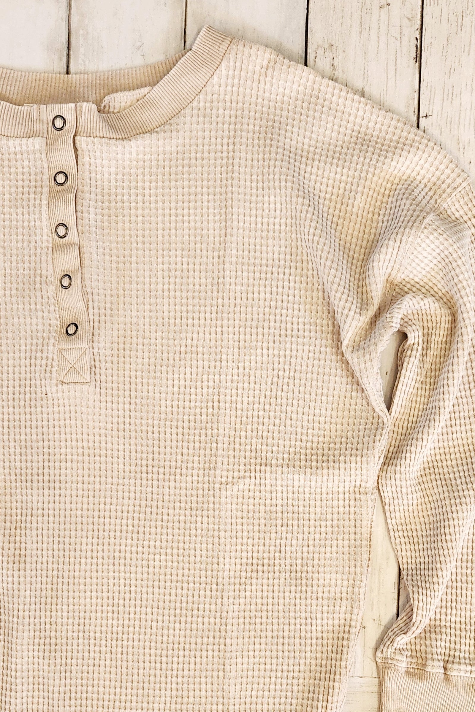 Beige Washed Waffle Henley Top