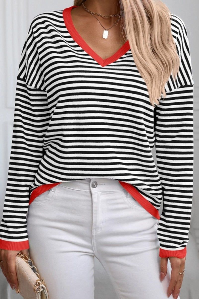 Black & White Striped V Neck Sweater