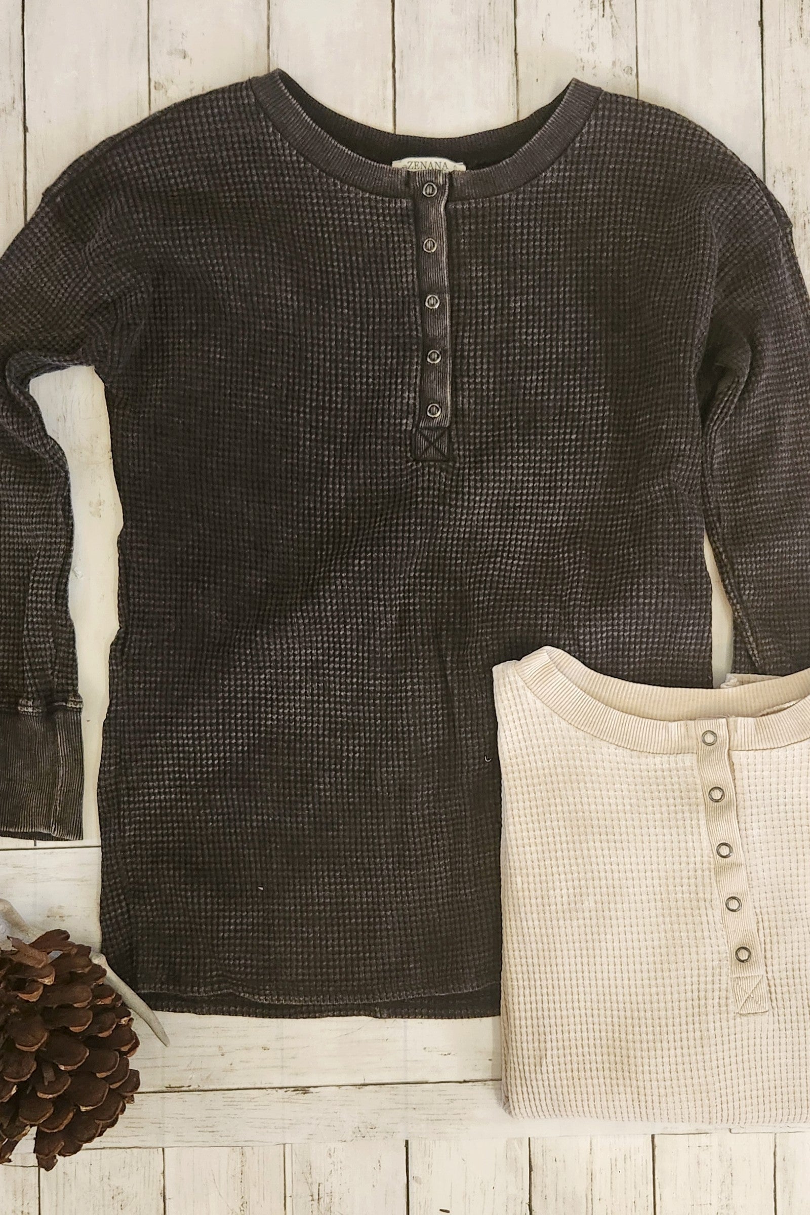 Black Washed Waffle Henley Top