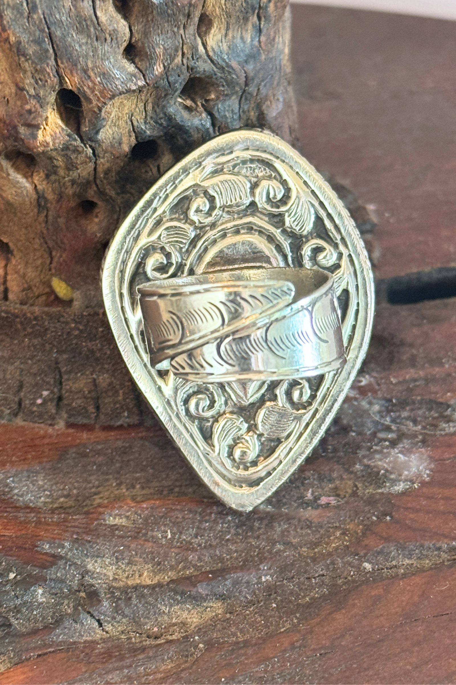 Adjustable Tibetan Silver Carved Bone Sacred Heart Ring | One-of-a-Kind