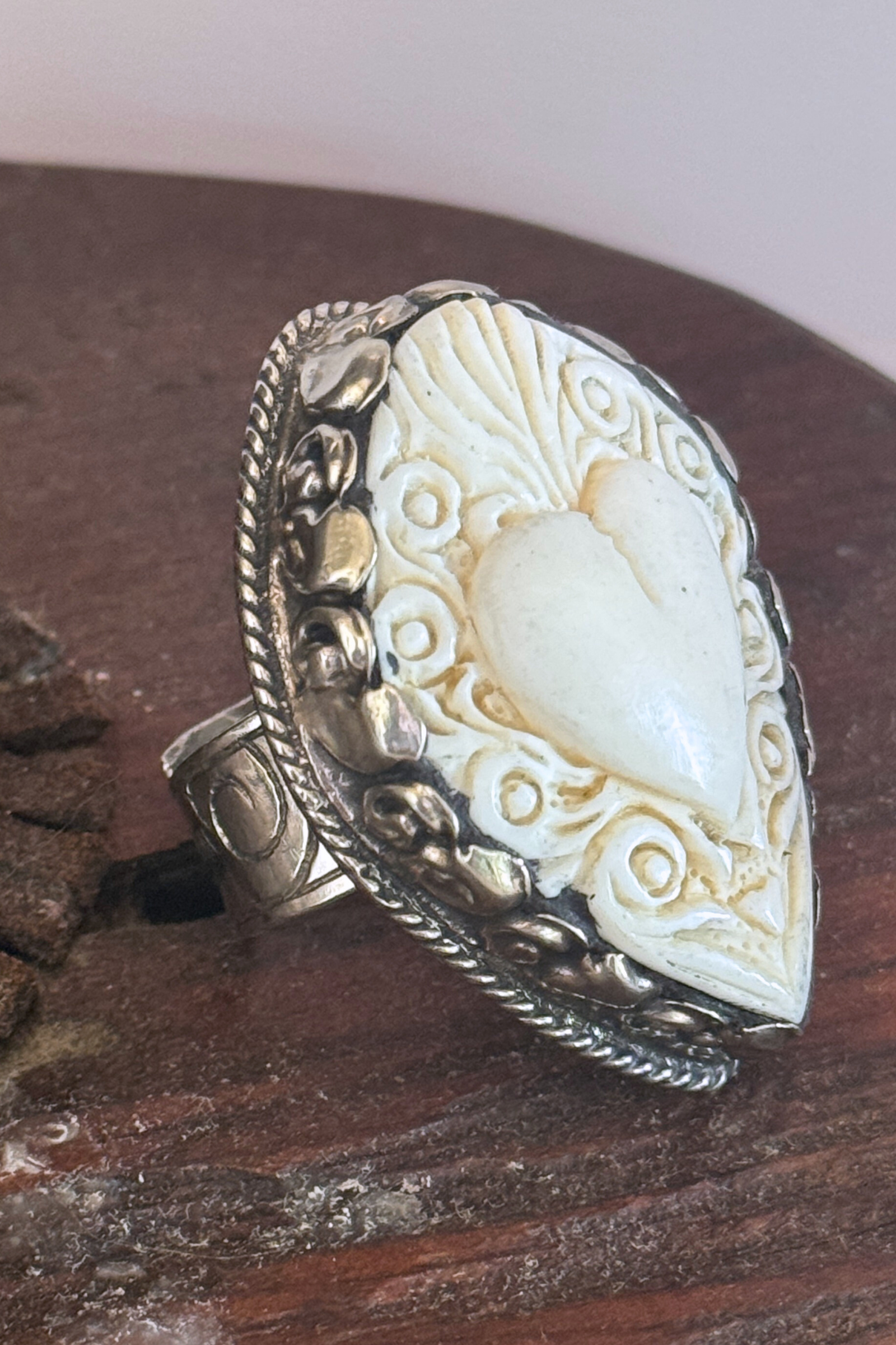 Adjustable Tibetan Silver Carved Bone Sacred Heart Ring | One-of-a-Kind