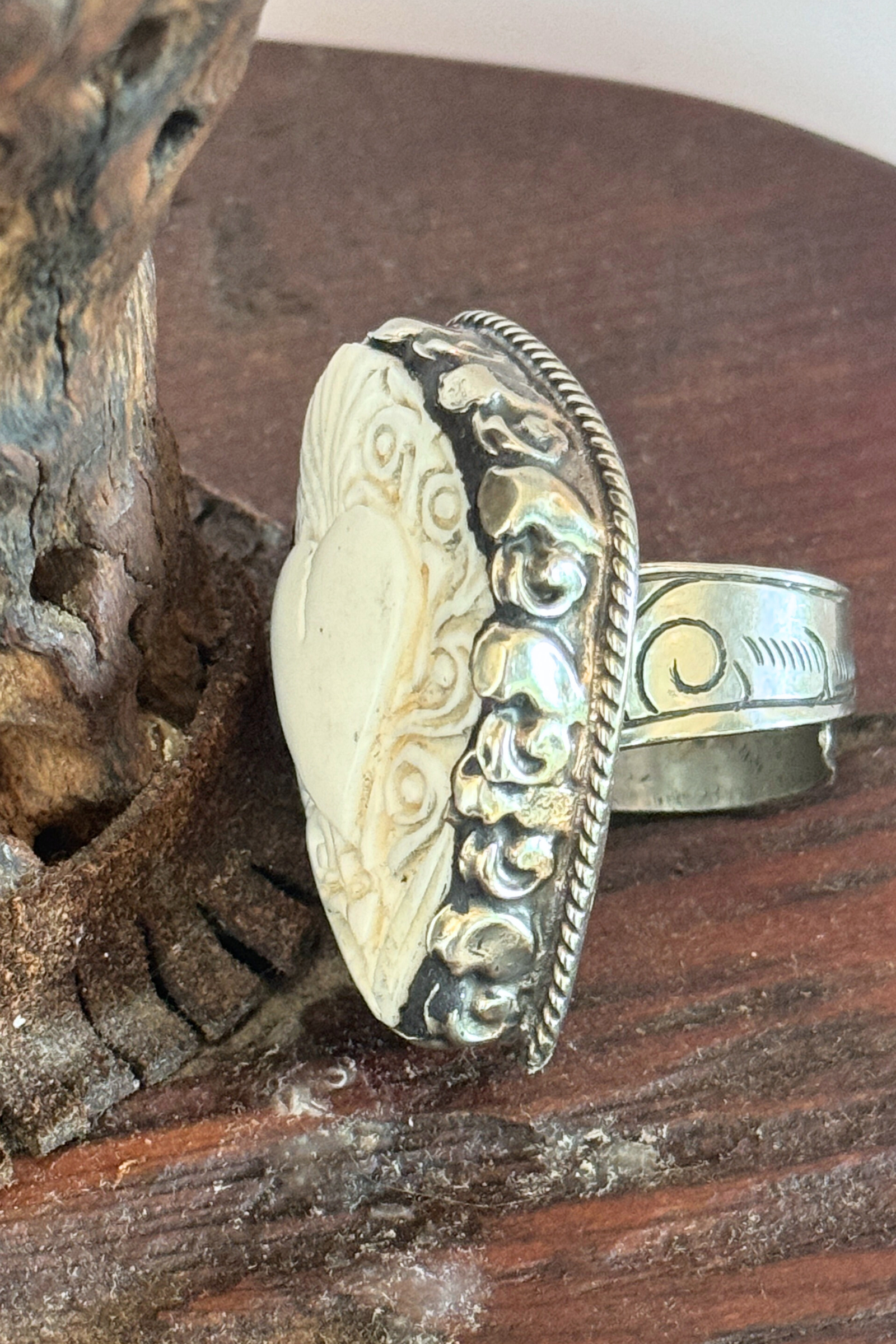 Adjustable Tibetan Silver Carved Bone Sacred Heart Ring | One-of-a-Kind