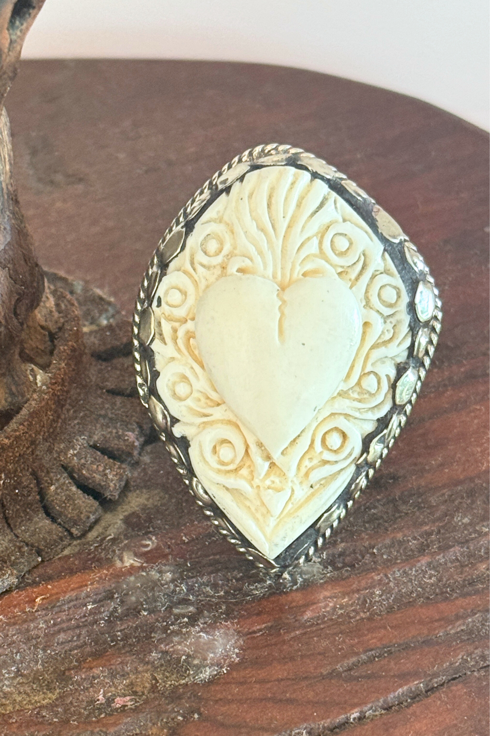 Adjustable Tibetan Silver Carved Bone Sacred Heart Ring | One-of-a-Kind