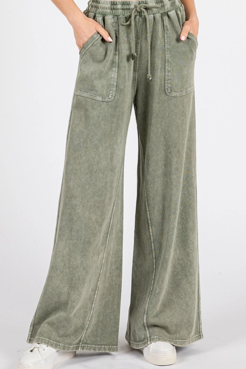 Olive French Terry Wide Leg Pants