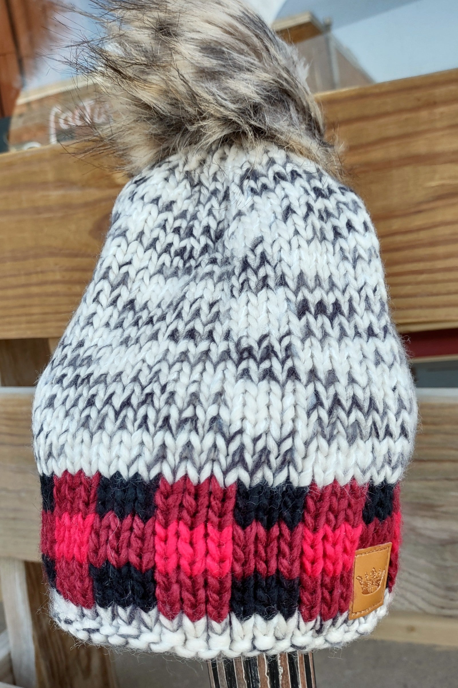 Red Plaid Fur Pom Beanie