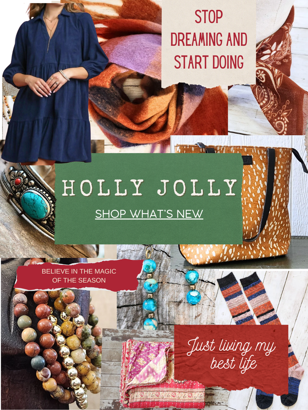 Collage of fashion items with 'Holly Jolly' and motivational text overlay.