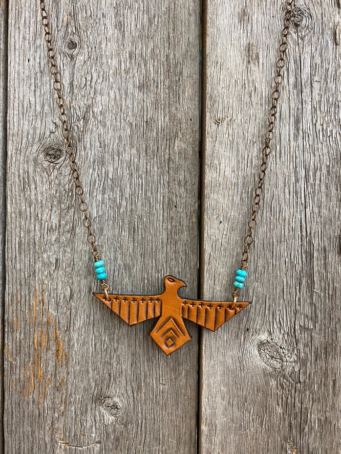 Tooled Leather Thunderbird Necklace