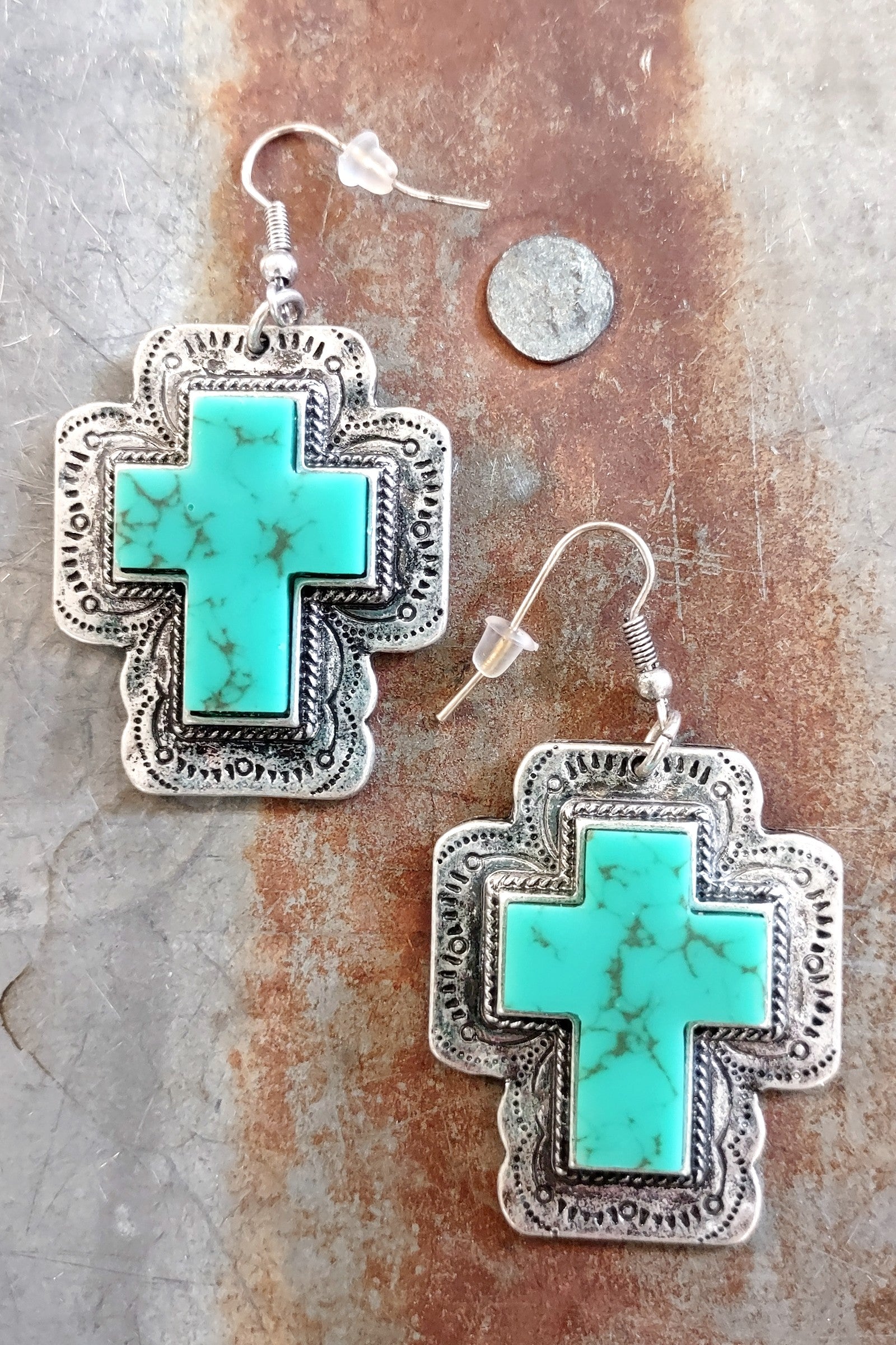 Turquoise & Silver Cross Earring