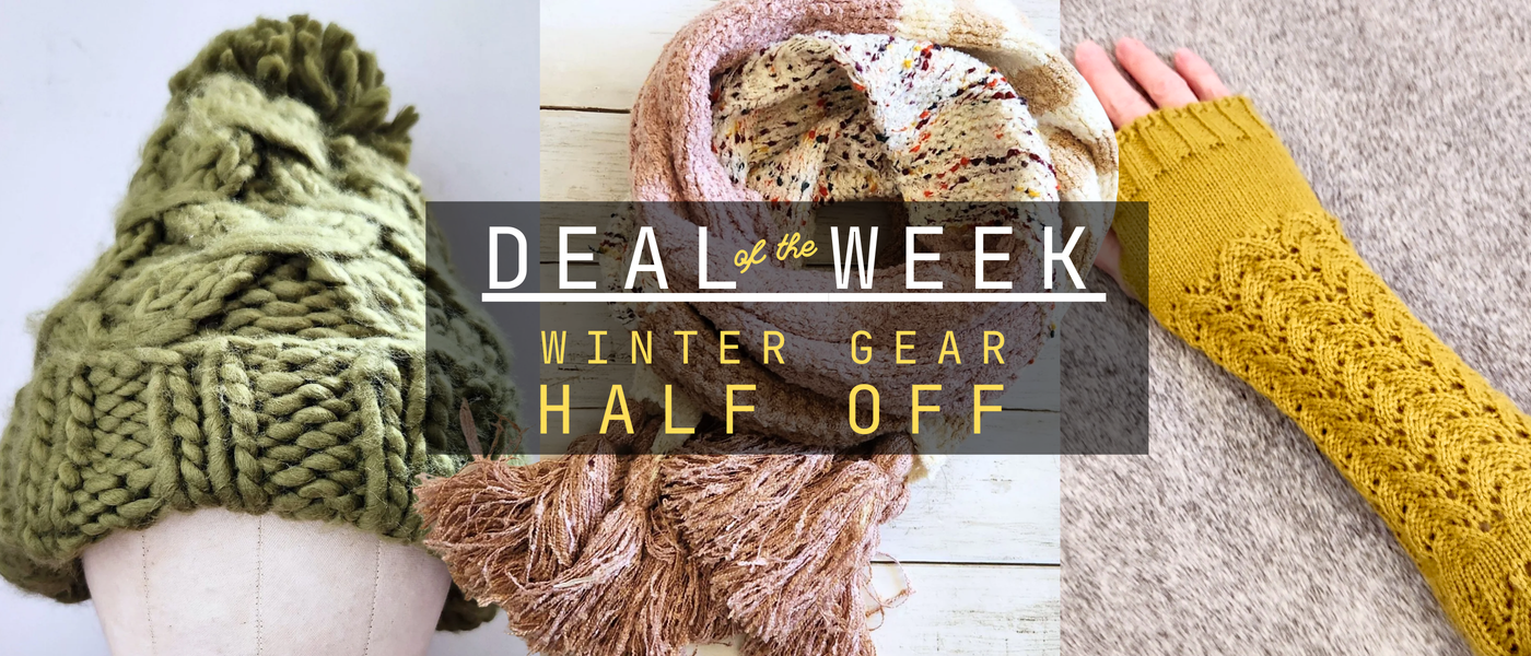 Knitted green hat, brown scarf, and yellow gloves with 'Deal of the Week' text overlay.