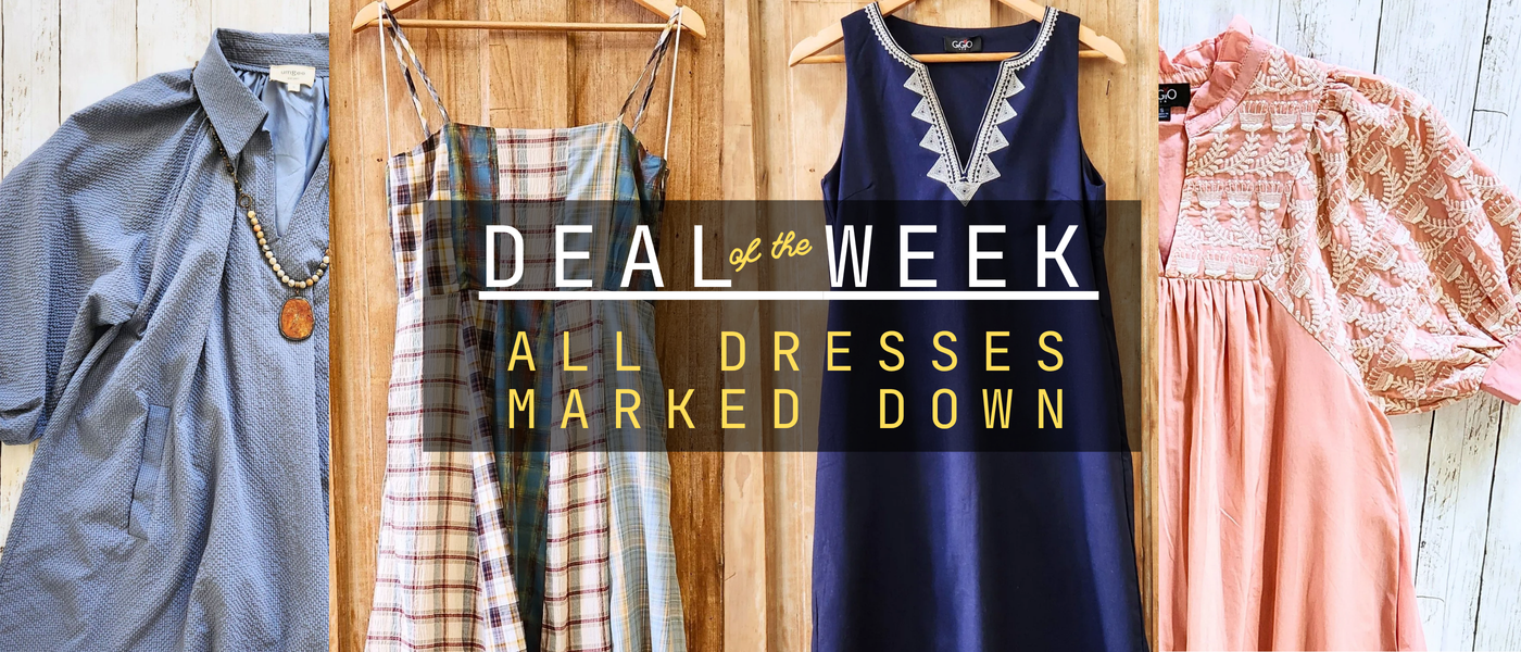 Collage of dresses with 'Deal of the Week' text overlay on a wooden background.