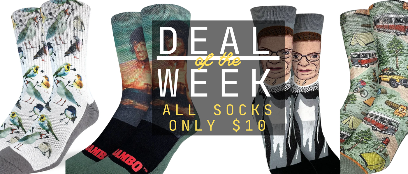 Collection of various socks with a 'Deal of the Week' banner in the center.