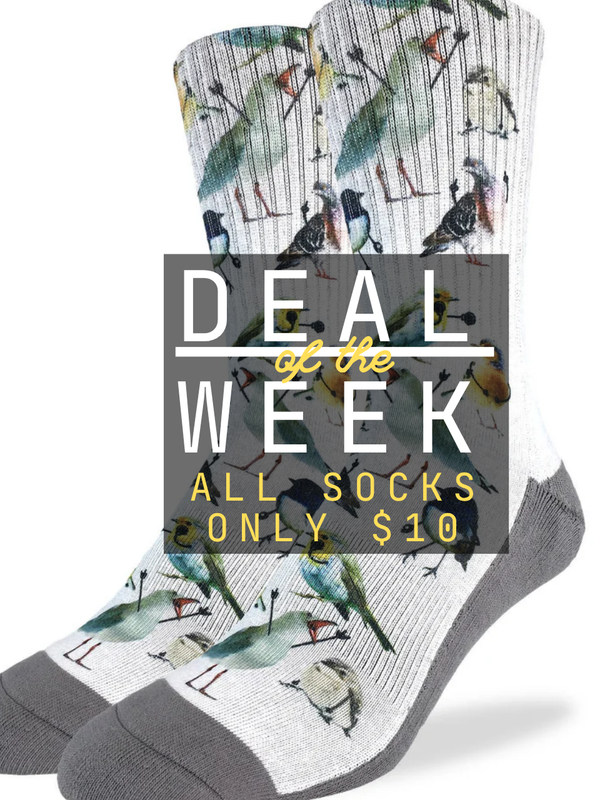 Socks with bird pattern and 'Deal of the Week' text on a white background
