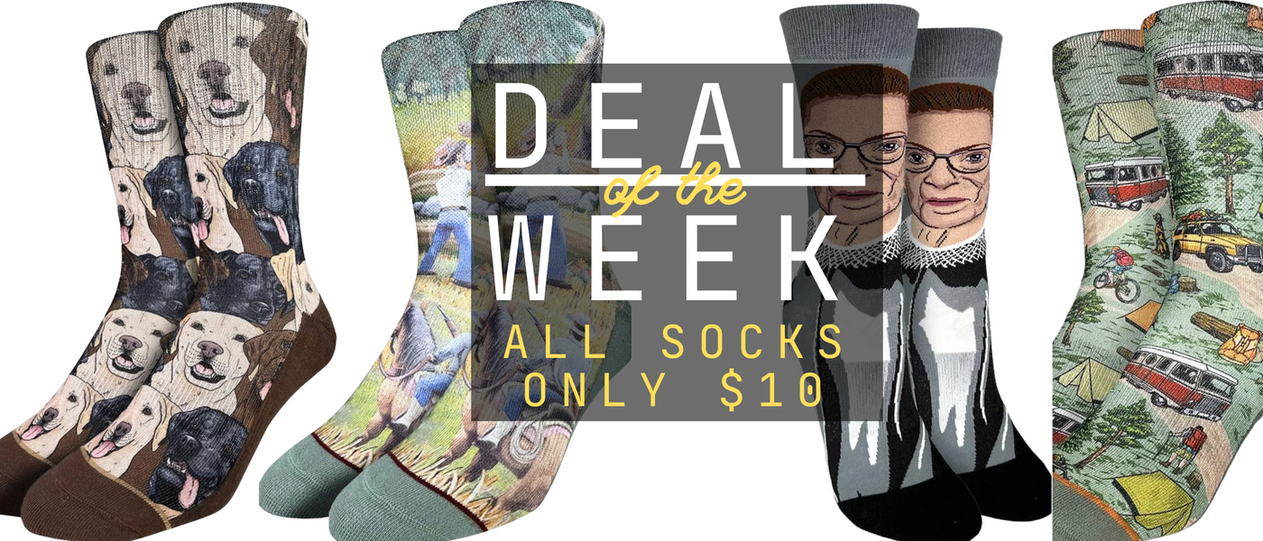A promotional banner showing four pairs of novelty socks with different prints: dogs, a landscape, a portrait of a man in a tuxedo, and vintage cars. A large central text overlay reads 'DEAL of the WEEK ALL SOCKS ONLY $10'.
