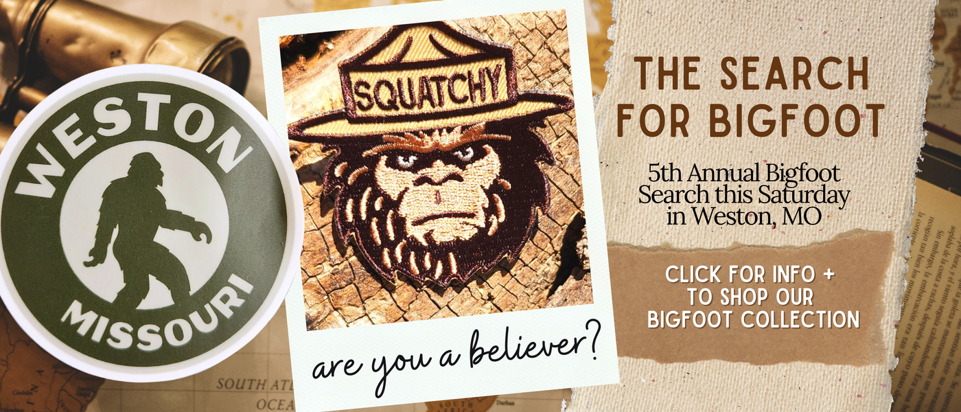 Promotional flyer for a Bigfoot event in Weston, MO, featuring a logo and text.
