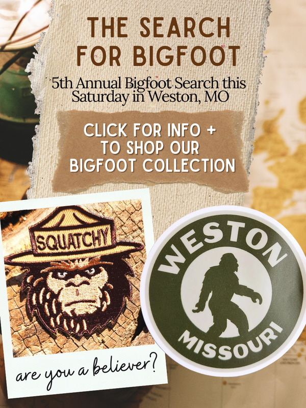 Promotional flyer for the 5th Annual Bigfoot Search in Weston, MO, featuring a logo and text.