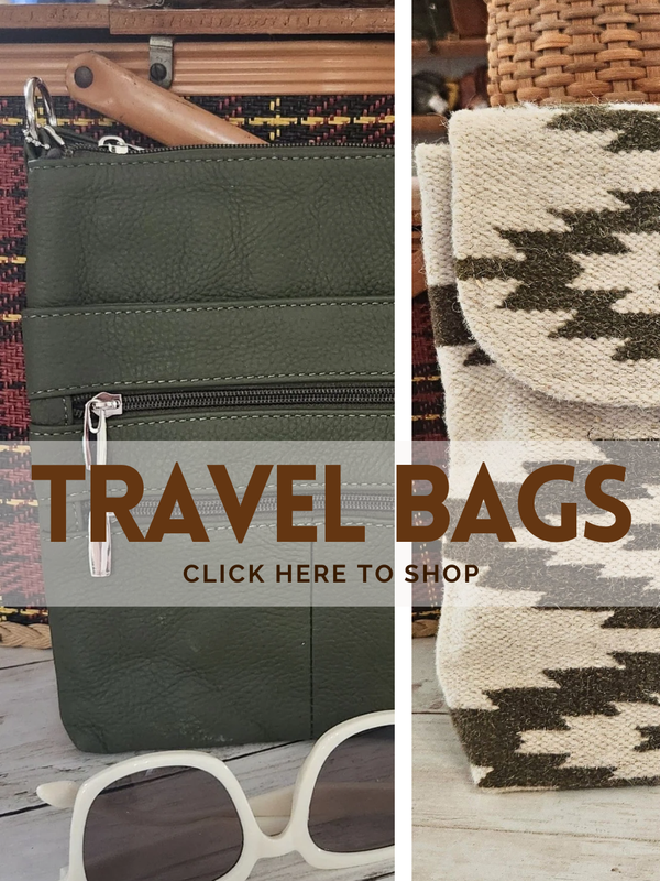 Green travel bag with sunglasses on a wooden surface, promotional text for travel bags.