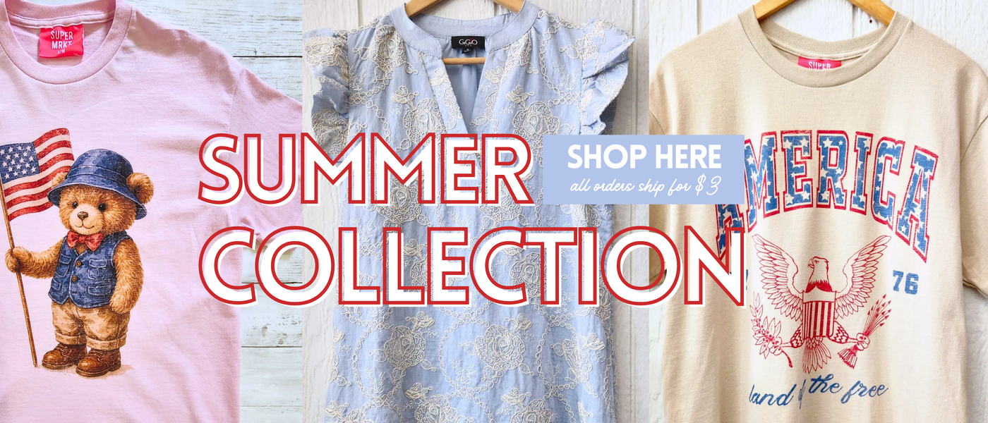 Three shirts on hangers with 'Summer Collection' text and a bear holding an American flag graphic.