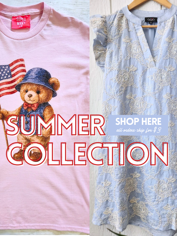 Pink t-shirt with teddy bear and American flag design and light blue floral dress on a hanger, with 'Summer Collection' text.
