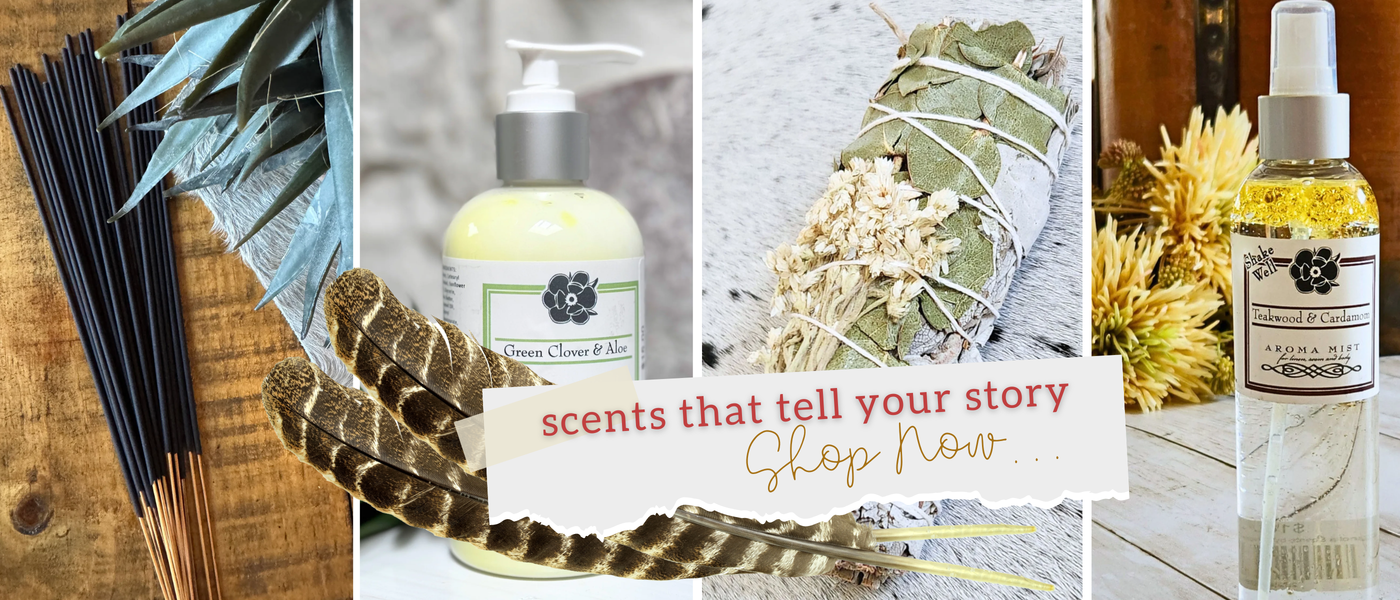 A collage of four natural fragrance-related items: incense sticks, a pump bottle labeled 'Scent of the Month', a sage bundle wrapped in string, and a spray bottle with dried flowers. A central banner reads 'scents that tell your story Shop Now.