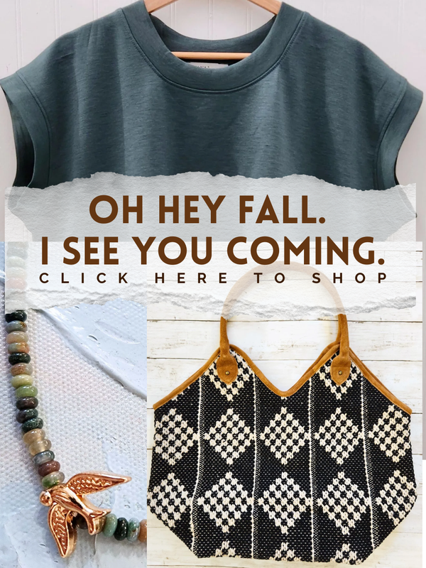 A promotional collage for an upcoming fall collection. The top half shows a muted teal short-sleeve crewneck top on a hanger.
