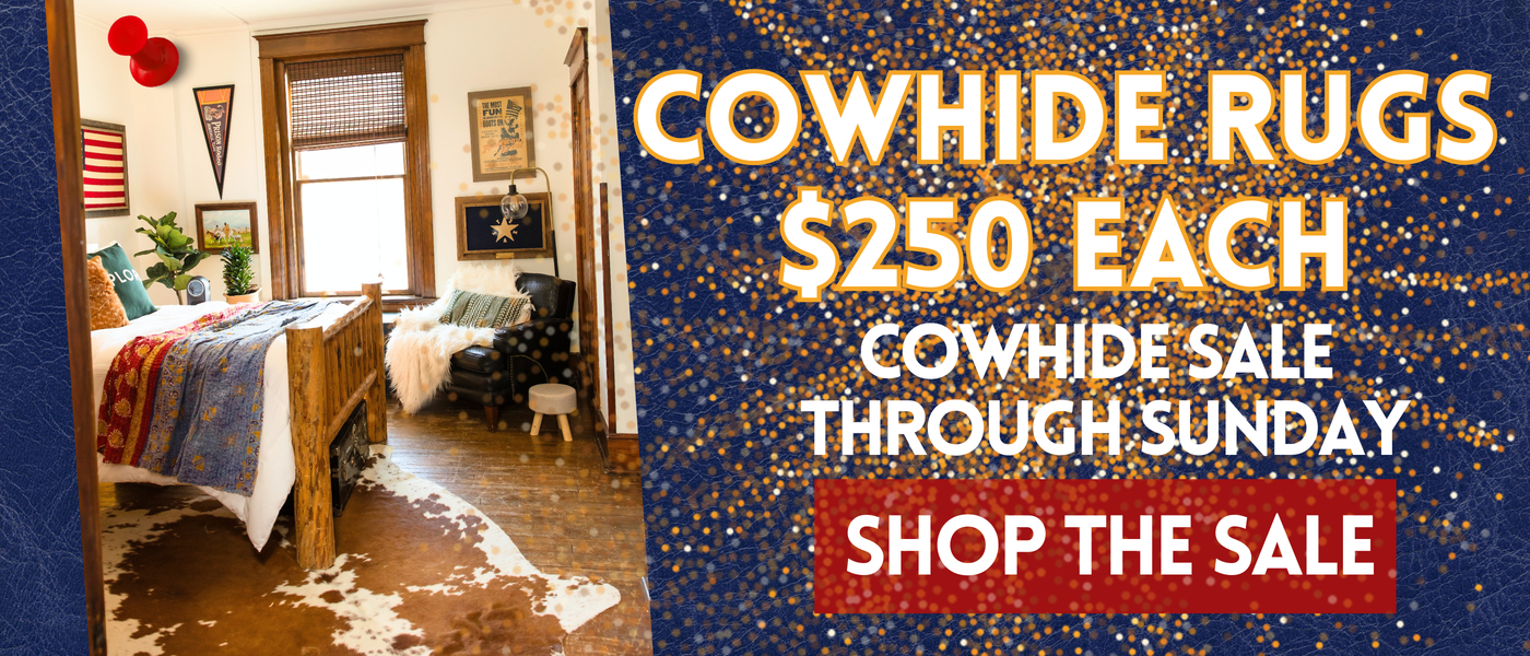 Room with cowhide rug and promotional text for sale on cowhide rugs.