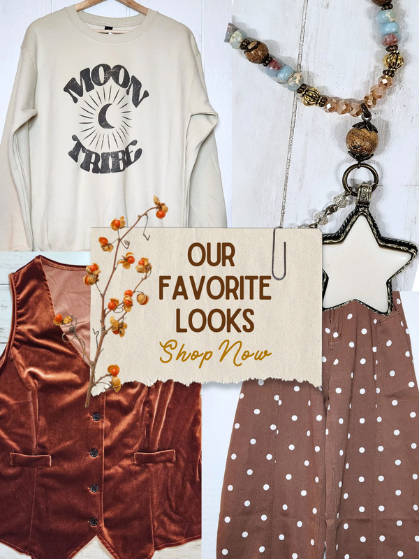 favorite fall looks moon tribe sweatshirt, vest  pants and necklace