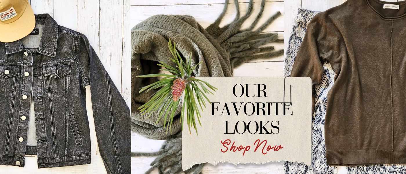 Collage of clothing items with a decorative card in the center.