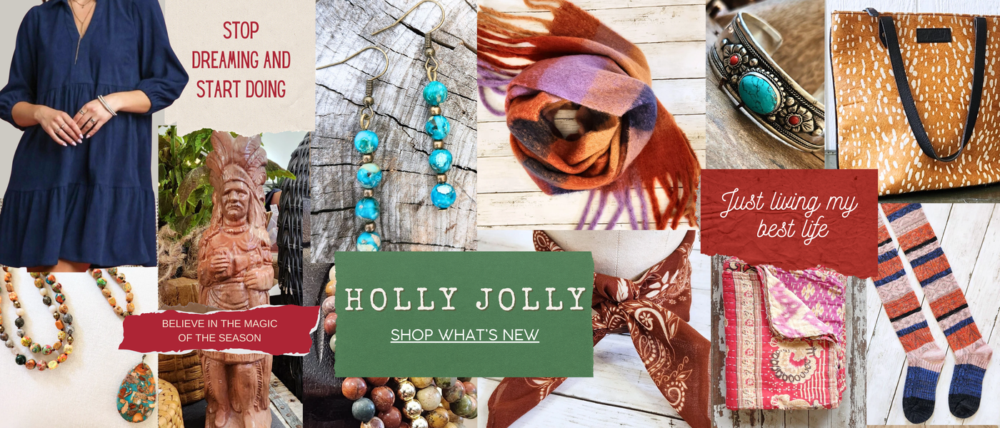 Collage of various products with text overlays on a promotional banner for Holly Jolly.