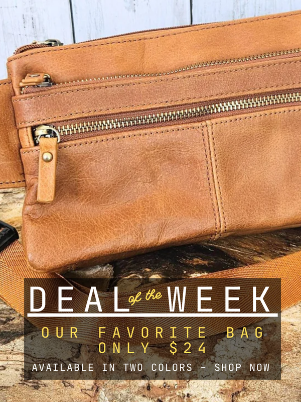 Brown leather bag with text overlay on a wooden surface