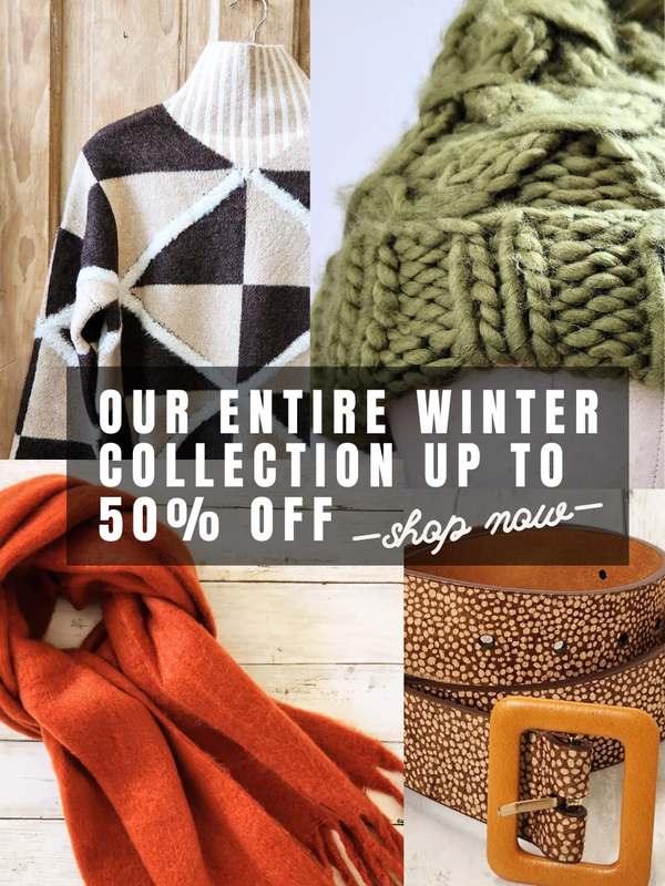 Promotional image of winter clothing and accessories with text overlay.