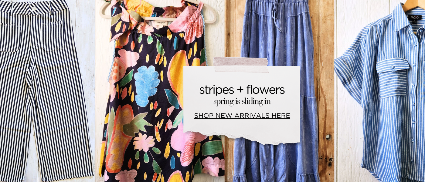 Collage of clothing items with a sign promoting new arrivals.