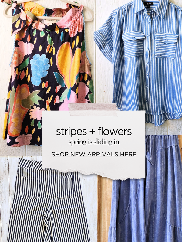 Fashionable clothing items with text promoting new arrivals.