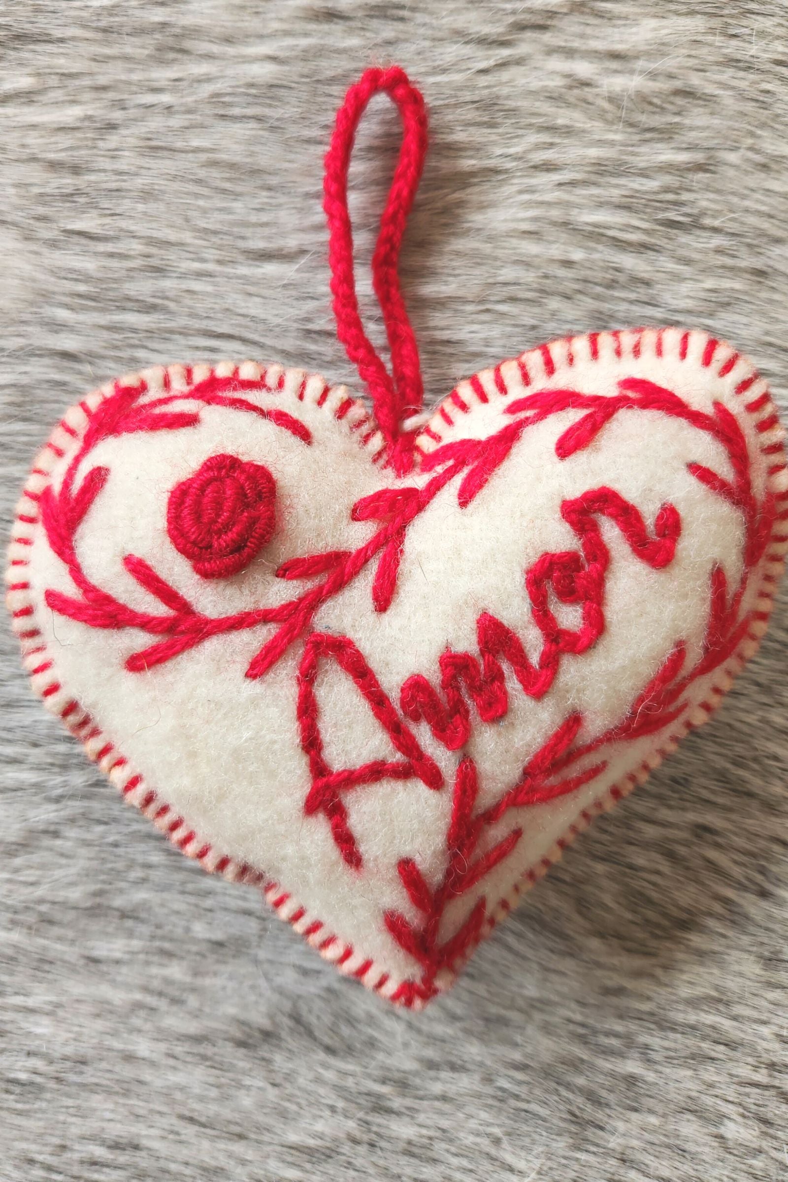 Amor Embroidered Wool Heart Ornament