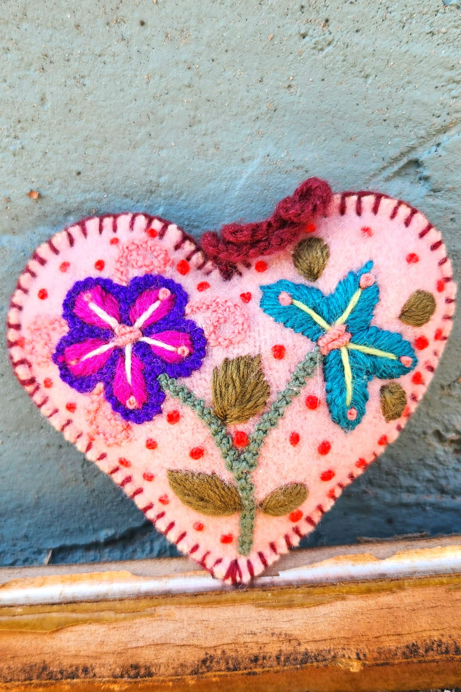 Floral Embroidered Wool Heart Ornament - 8 Different Colors