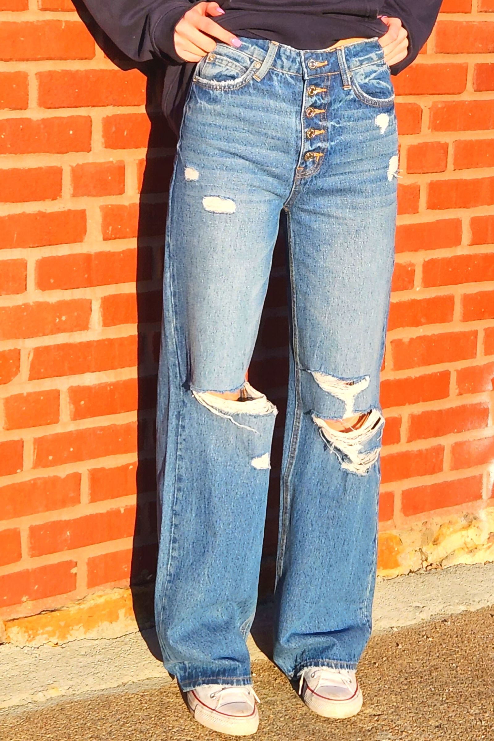 High Rise Distressed Button Fly Jeans