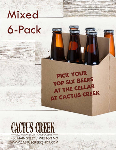 Mixed 6-Pack Card for Cactus Creek in Weston Missouri - Six Pack of Beer on White Barn Wood