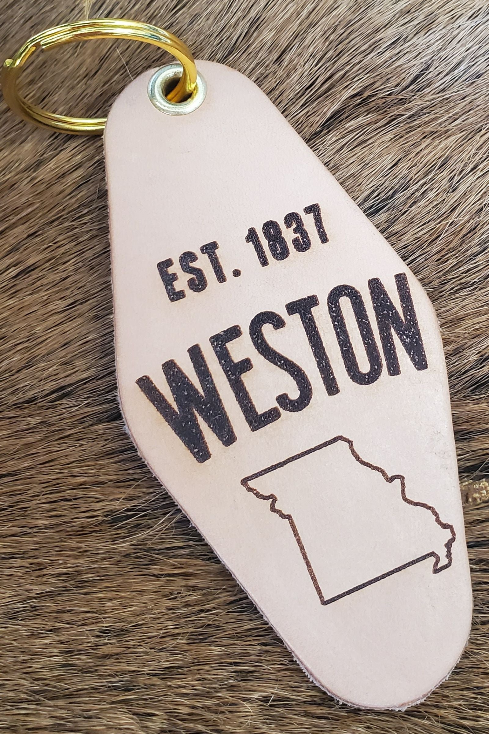 Weston, MO Est. 1837 Leather & Velvet Keychain