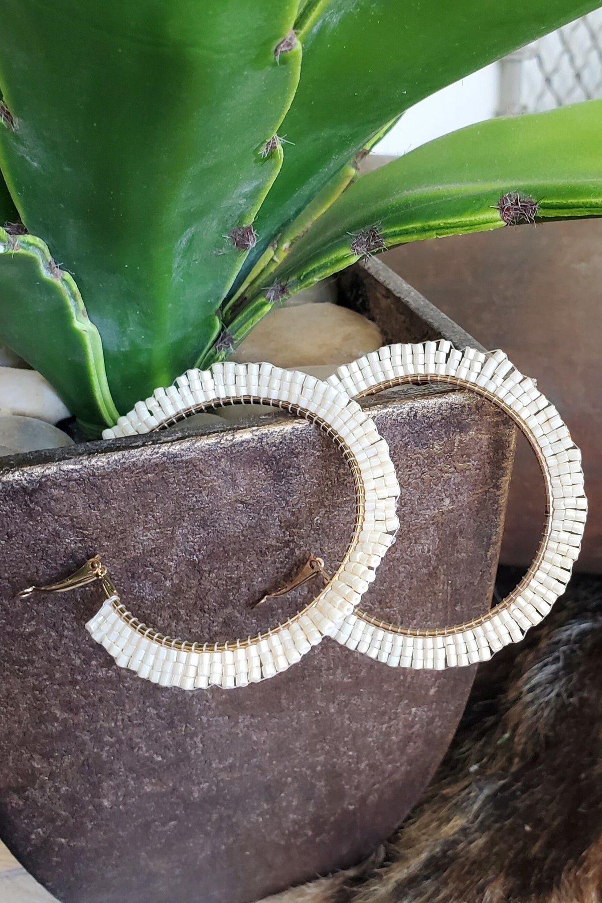 Pearl Gala Hoop Earring Large Hoop Earring Glass Beads Gold — Cactus Creek Shop