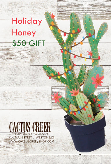 Holiday Gift Card for $50 for Cactus Creek in Weston Missouri - Cactus with Christmas Lights on White Barn Wood